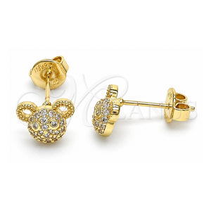 Arete Dormilona 02.156.0433 Oro Laminado, Diseño de Osito, con Micro Pave Blanca, Pulido, Tono Dorado