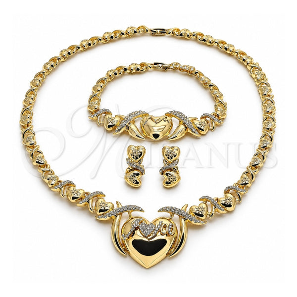 Collar, Pulsera y Dije 06.372.0019 Oro Laminado, Diseño de Besos y Abrazos y Corazón, con Cristal Blanca, Pulido, Tono Dorado