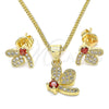 Juego de Arete y Dije de Adulto 10.199.0152.1 Oro Laminado, Diseño de Libélula, con Granate Zirconia Cubica and Blanca Micro Pave, Pulido, Tono Dorado