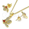 Juego de Arete y Dije de Adulto 10.199.0152.1 Oro Laminado, Diseño de Libélula, con Granate Zirconia Cubica and Blanca Micro Pave, Pulido, Tono Dorado