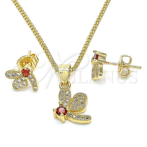 Juego de Arete y Dije de Adulto 10.199.0152.1 Oro Laminado, Diseño de Libélula, con Granate Zirconia Cubica and Blanca Micro Pave, Pulido, Tono Dorado