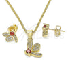 Juego de Arete y Dije de Adulto 10.199.0152.1 Oro Laminado, Diseño de Libélula, con Granate Zirconia Cubica and Blanca Micro Pave, Pulido, Tono Dorado