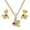 Juego de Arete y Dije de Adulto 10.199.0152.2 Oro Laminado, Diseño de Libélula, con Rubi Zirconia Cubica and Blanca Micro Pave, Pulido, Tono Dorado