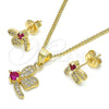 Juego de Arete y Dije de Adulto 10.199.0152.2 Oro Laminado, Diseño de Libélula, con Rubi Zirconia Cubica and Blanca Micro Pave, Pulido, Tono Dorado