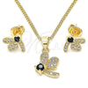 Juego de Arete y Dije de Adulto 10.199.0152.3 Oro Laminado, Diseño de Libélula, con Negro Zirconia Cubica and Blanca Micro Pave, Pulido, Tono Dorado