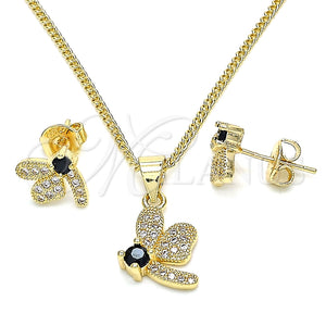 Juego de Arete y Dije de Adulto 10.199.0152.3 Oro Laminado, Diseño de Libélula, con Negro Zirconia Cubica and Blanca Micro Pave, Pulido, Tono Dorado