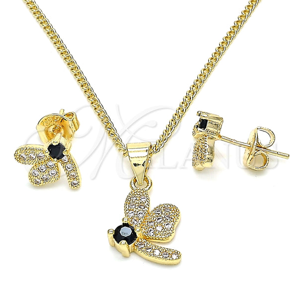 Juego de Arete y Dije de Adulto 10.199.0152.3 Oro Laminado, Diseño de Libélula, con Negro Zirconia Cubica and Blanca Micro Pave, Pulido, Tono Dorado