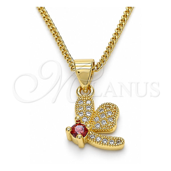Collares con Dije 04.199.0035.1.20 Oro Laminado, Diseño de Libélula, con Granate Zirconia Cubica and Blanca Micro Pave, Pulido, Tono Dorado (02 MM Thickness, 20 Inches Length)