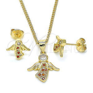 Juego de Arete y Dije de Adulto 10.156.0203.1 Oro Laminado, Diseño de Angel, con Granate Micro Pave and Blanca Zirconia Cubica, Pulido, Tono Dorado