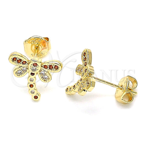 Arete Dormilona 02.156.0396.5 Oro Laminado, Diseño de Libélula, con Granate and Blanca Micro Pave, Pulido, Tono Dorado