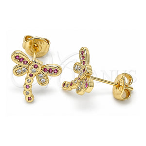 Arete Dormilona 02.156.0396.6 Oro Laminado, Diseño de Libélula, con Micro Pave Rubi y Blanca, Pulido, Tono Dorado