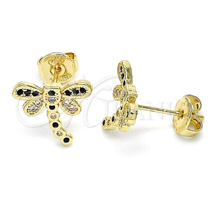 Arete Dormilona 02.156.0396.7 Oro Laminado, Diseño de Libélula, con Negro and Blanca Micro Pave, Pulido, Tono Dorado