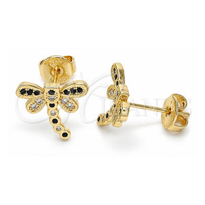 Arete Dormilona 02.156.0396.7 Oro Laminado, Diseño de Libélula, con Micro Pave Negro y Blanca, Pulido, Tono Dorado