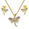 Juego de Arete y Dije de Adulto 10.156.0148.3 Oro Laminado, Diseño de Libélula, con Rubi and Blanca Micro Pave, Pulido, Tono Dorado