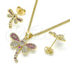 Juego de Arete y Dije de Adulto 10.156.0148.3 Oro Laminado, Diseño de Libélula, con Rubi and Blanca Micro Pave, Pulido, Tono Dorado