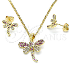Juego de Arete y Dije de Adulto 10.156.0148.3 Oro Laminado, Diseño de Libélula, con Rubi and Blanca Micro Pave, Pulido, Tono Dorado