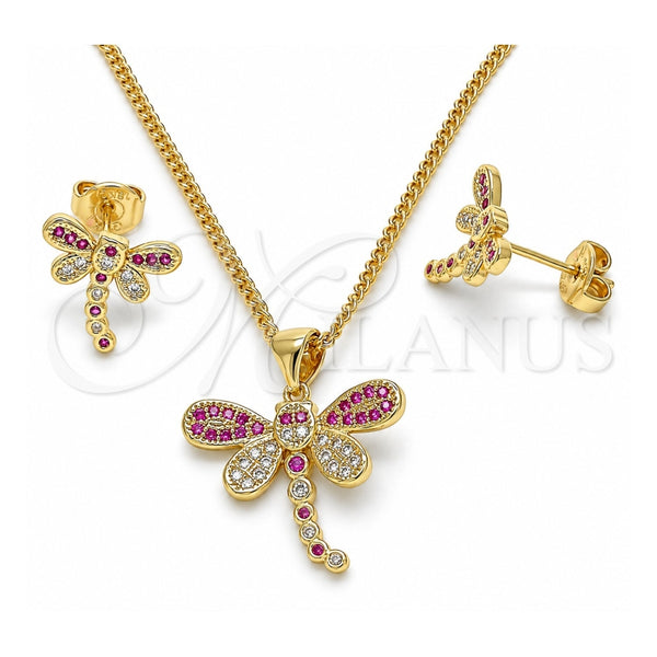 Juego de Arete y Dije de Adulto 10.156.0148.3 Oro Laminado, Diseño de Libélula, con Rubi and Blanca Micro Pave, Pulido, Tono Dorado