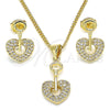 Juego de Arete y Dije de Adulto 10.156.0243 Oro Laminado, Diseño de Llave y Candado, con Blanca Micro Pave, Pulido, Tono Dorado