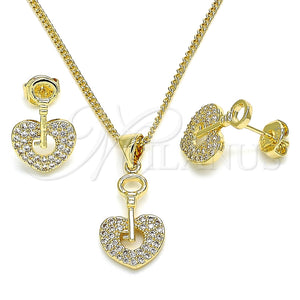 Juego de Arete y Dije de Adulto 10.156.0243 Oro Laminado, Diseño de Llave y Candado, con Blanca Micro Pave, Pulido, Tono Dorado