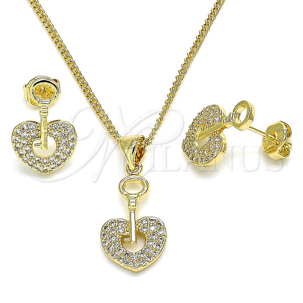 Juego de Arete y Dije de Adulto 10.156.0243 Oro Laminado, Diseño de Llave y Candado, con Blanca Micro Pave, Pulido, Tono Dorado