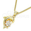 Collares con Dije 04.156.0300.18 Oro Laminado, Diseño de Delfín y Flor, con Blanca Micro Pave, Pulido, Tono Dorado (02 MM Thickness, 18 Inches Length)