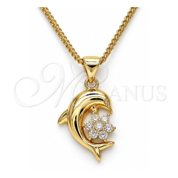 Collares con Dije 04.156.0300.18 Oro Laminado, Diseño de Delfín y Flor, con Blanca Micro Pave, Pulido, Tono Dorado (02 MM Thickness, 18 Inches Length)