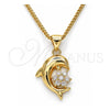 Collares con Dije 04.156.0300.18 Oro Laminado, Diseño de Delfín y Flor, con Blanca Micro Pave, Pulido, Tono Dorado (02 MM Thickness, 18 Inches Length)
