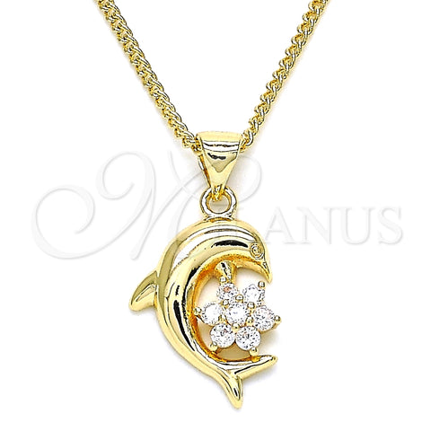 Collares con Dije 04.156.0300.18 Oro Laminado, Diseño de Delfín y Flor, con Blanca Micro Pave, Pulido, Tono Dorado (02 MM Thickness, 18 Inches Length)