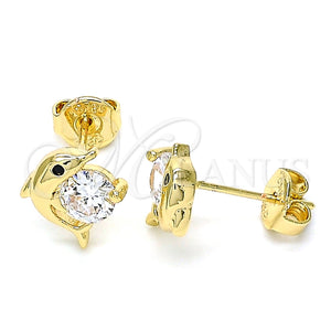Arete Dormilona 02.156.0438 Oro Laminado, Diseño de Delfín, con Negro Micro Pave and Blanca Zirconia Cubica, Pulido, Tono Dorado