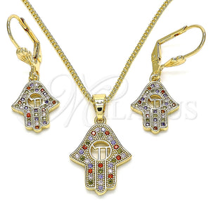 Juego de Arete y Dije de Adulto 10.316.0061 Oro Laminado, Diseño de Mano de Dios, con Multicolor Micro Pave, Pulido, Tono Dorado