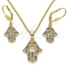 Juego de Arete y Dije de Adulto 10.316.0061 Oro Laminado, Diseño de Judaica y Mano de Dios, con Micro Pave Multicolor, Pulido, Tono Dorado