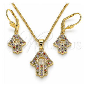 Juego de Arete y Dije de Adulto 10.316.0061 Oro Laminado, Diseño de Judaica y Mano de Dios, con Micro Pave Multicolor, Pulido, Tono Dorado