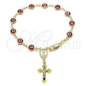 Rosario de Pulsera 09.63.0107.2.08 Oro Laminado, Diseño de Guadalupe y Ojo Griego, Resinado Rojo, Tono Dorado