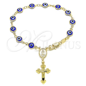 Rosario de Pulsera 09.63.0107.3.08 Oro Laminado, Diseño de Guadalupe y Ojo Griego, Resinado Azul, Tono Dorado