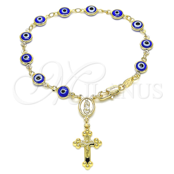 Rosario de Pulsera 09.63.0107.3.08 Oro Laminado, Diseño de Guadalupe y Ojo Griego, Resinado Azul, Tono Dorado