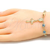 Rosario de Pulsera 09.63.0107.4.08 Oro Laminado, Diseño de Guadalupe y Ojo Griego, Resinado Azul claro, Tono Dorado