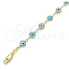 Rosario de Pulsera 09.63.0107.4.08 Oro Laminado, Diseño de Guadalupe y Ojo Griego, Resinado Azul claro, Tono Dorado