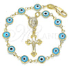 Rosario de Pulsera 09.63.0107.4.08 Oro Laminado, Diseño de Guadalupe y Ojo Griego, Resinado Azul claro, Tono Dorado