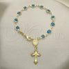 Rosario de Pulsera 09.63.0107.4.08 Oro Laminado, Diseño de Guadalupe y Ojo Griego, Resinado Azul claro, Tono Dorado