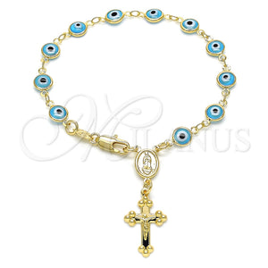Rosario de Pulsera 09.63.0107.4.08 Oro Laminado, Diseño de Guadalupe y Ojo Griego, Resinado Azul claro, Tono Dorado