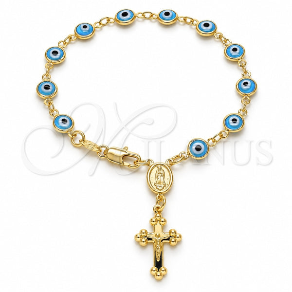 Rosario de Pulsera 09.63.0107.4.08 Oro Laminado, Diseño de Guadalupe y Ojo Griego, Resinado Azul claro, Tono Dorado