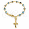 Rosario de Pulsera 09.63.0107.4.08 Oro Laminado, Diseño de Guadalupe y Ojo Griego, Resinado Azul claro, Tono Dorado