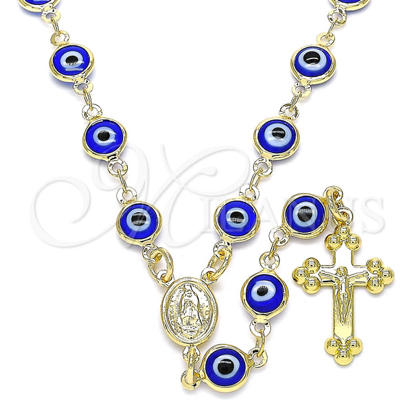Rosario Mediano 09.63.0107.3.18 Oro Laminado, Diseño de Guadalupe y Ojo Griego, Resinado Azul, Tono Dorado