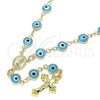 Rosario Mediano 09.63.0107.4.18 Oro Laminado, Diseño de Guadalupe y Ojo Griego, Resinado Azul claro, Tono Dorado