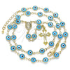 Rosario Mediano 09.63.0107.4.18 Oro Laminado, Diseño de Guadalupe y Ojo Griego, Resinado Azul claro, Tono Dorado