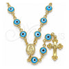 Rosario Mediano 09.63.0107.4.18 Oro Laminado, Diseño de Guadalupe y Ojo Griego, Resinado Azul claro, Tono Dorado