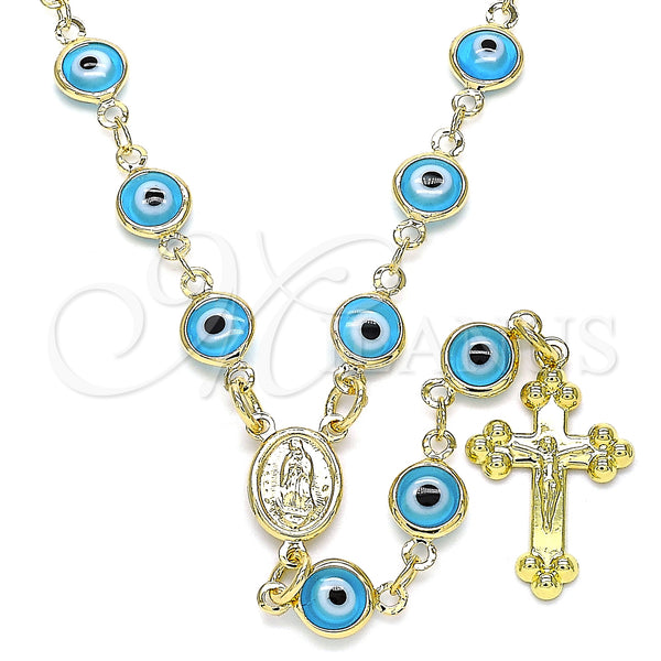 Rosario Mediano 09.63.0107.4.18 Oro Laminado, Diseño de Guadalupe y Ojo Griego, Resinado Azul claro, Tono Dorado