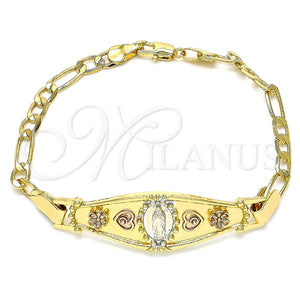Pulsera Elegante 03.351.0097.07 Oro Laminado, Diseño de Guadalupe y Corazón, Pulido, Tres Tonos (04 MM Thickness, 7 Inches Length)