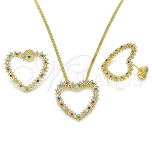 Juego de Arete y Dije de Adulto 10.156.0244.3 Oro Laminado, Diseño de Corazón, con Multicolor Micro Pave, Pulido, Tono Dorado