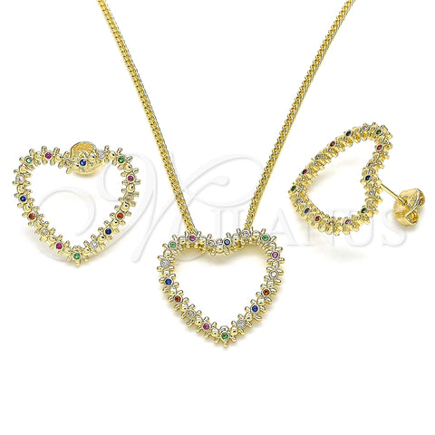 Juego de Arete y Dije de Adulto 10.156.0244.3 Oro Laminado, Diseño de Corazón, con Multicolor Micro Pave, Pulido, Tono Dorado